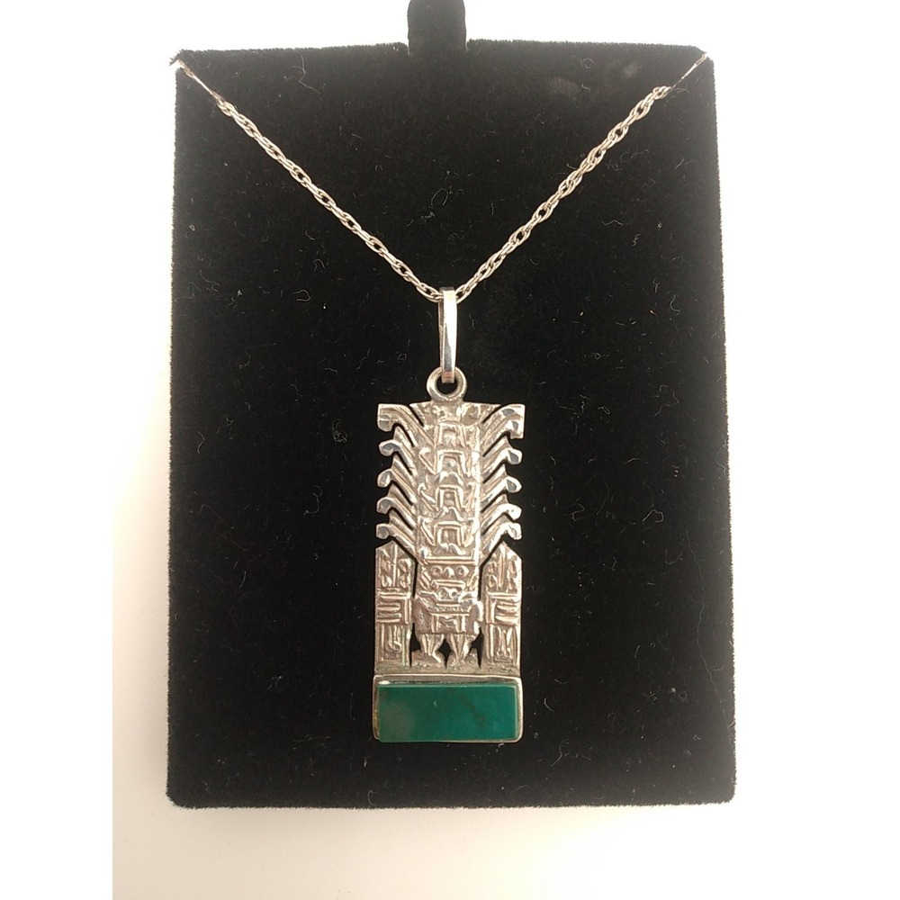 PERUVIAN 1950's STERLING Silver Chrysocolla Gemstone Pendant 1.25x.5" Necklace